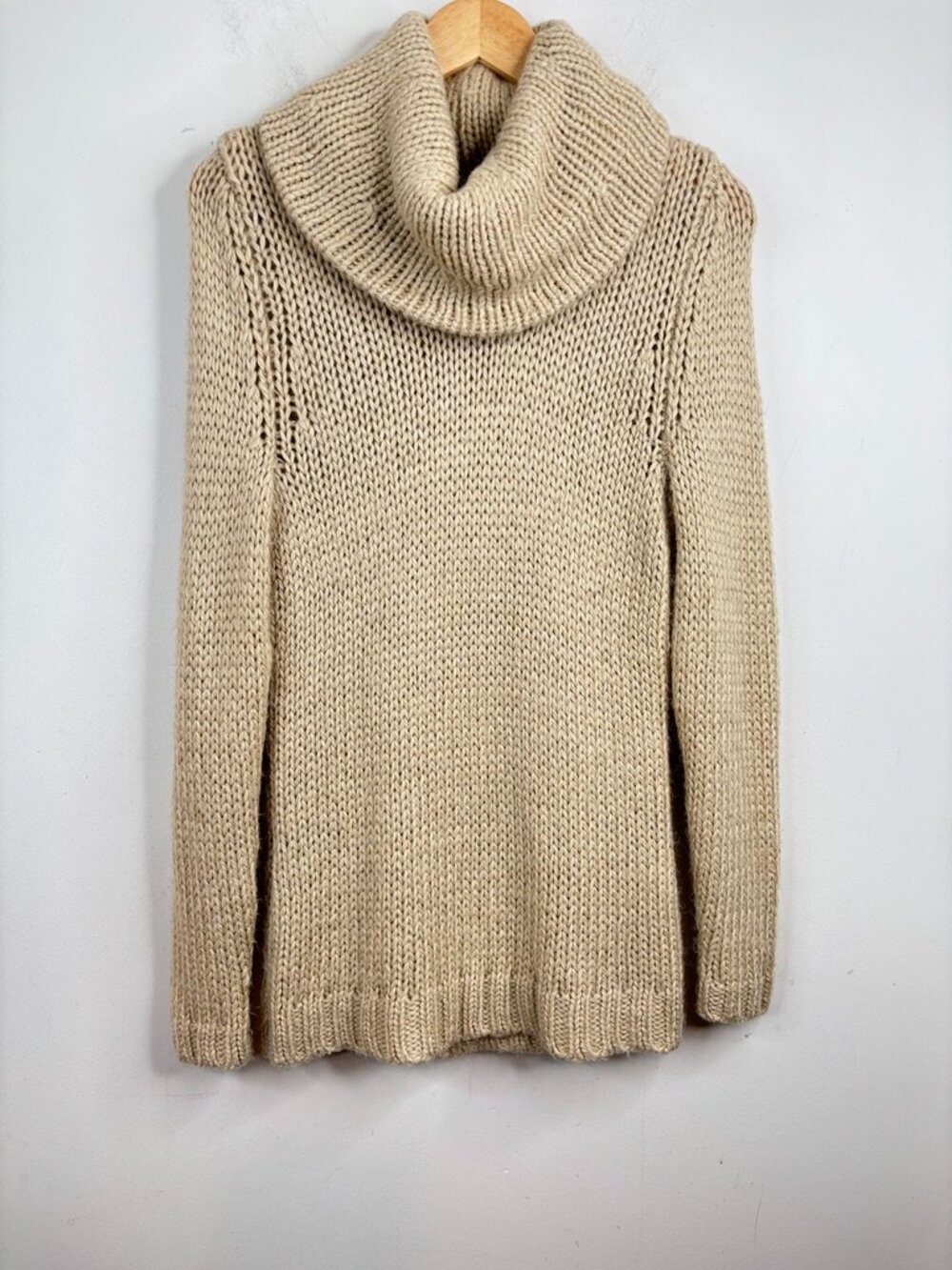 LL Bean Oatmeal Beige Wool Alpaca Cowl Neck Sweater M Funnel Neck Chunky Ski